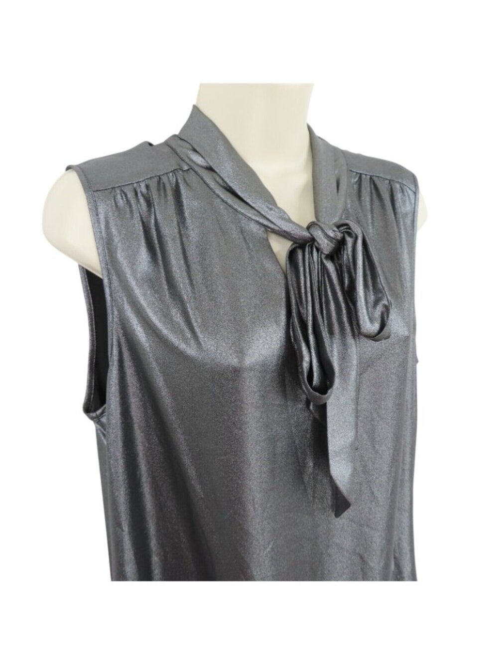 Calvin Klein Womens Large Metallic Silver Gray Sleeveless Neck Tie Shirt Blouse - Picture 2 of 8